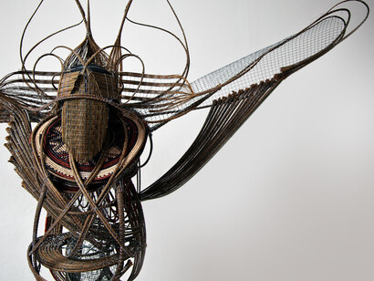 Adejoke Tugbiyele Flight to Revelation, (detail) 2011, Palm Stems, steel wire, trivet and mannequin head, 183 x 152 x 92 cm, Photo credit. Lloyd Lowe Jr.