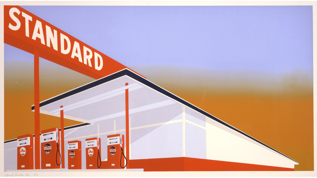 Ed Ruscha, Standard Station, Mocha Standard, Cheese Mold Standard with Olive, and Double Standard, 1969, Four screenprints on wove paper, 25 3/4 x 50 inches, 65.4 x 127 cm. © Ed Ruscha. Courtesy Gagosian Gallery. Photography by Robert McKeever