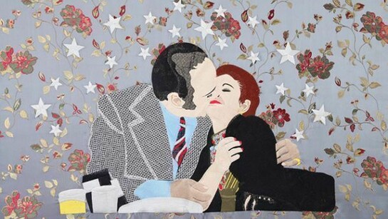 Raed Yassin, Kissing (“Dancing, Smoking, Kissing” series), 2013 silk thread embroidery on embroidered silk cloth, 70 x 100 cm,
Courtesy Kalfayan Galleries, Athens - Thessaloniki