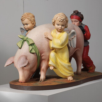 Jeff Koons
Ushering in Banality, 1988
Polychromed wood
38 x 62 x 30 inches
96.5 x 157.5 x 76.2 cm