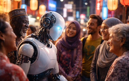 A moment of interaction between artificial intelligence and diverse communities, reflecting how technology is beginning to engage with culture, context, and human connection across borders