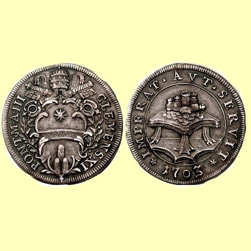 Italia, Stato Pontificio, papa Clemente XI, 1700-1721. Testone AR, Zecca di Roma.
"CLEMENS-XI PONT-M-III", stemma Albani entro cornice rococò sormontato da tiara papale e chiavi incrociate. "IMPERAT-AVT-SERVIT", tavola ornata sormontata da sacchetti di monete
