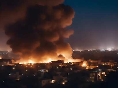 A striking image capturing a city engulfed in flames during an attack, offering a vivid portrayal of urban chaos and destruction