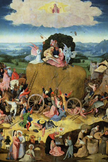 Jérôme Bosch. Le Chariot de foin, 1500-1502. Triptyque, huile sur panneau, 140 × 100 cm. San Lorenzo de El Escorial, El Escorial
