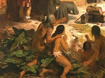 Detalhe da obra de Victor Meirelles: A Primeira Missa, 1861. Victor Meirelles (1832–1903), nascido em Santa Catarina, também estudou na Europa e se tornou professor da Academia Imperial de Belas Artes. Sua obra mais célebre é “Primeira Missa no Brasil” (1861), que representa o momento da chegada dos portugueses e a celebração da fé cristã



