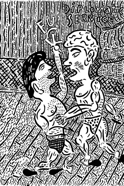 Tassos Pavlopoulos, Diplomatic service, 2014, acrylic on paper, 100 x 70 cm, Courtesy the artist and Kalfayan Galleries, Athens - Thessaloniki