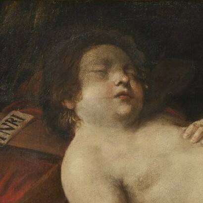 Anónimo al estilo de Guido Reni, "Niño Jesús dormido sobre la cruz", óleo sobre lienzo, sin fecha