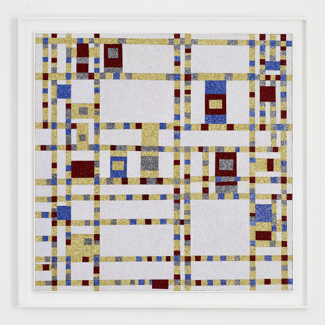 Corinne Felgate, Broadway Boogie Woogie, 2014, fabric & glitter on board, Image: 127 x 127cm, Framed: 144 x 144cm