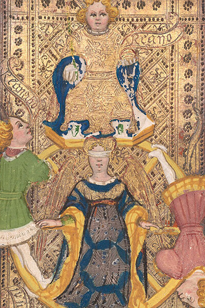 The wheel of fortune from the Visconti-Sforza tarot cards (detail). Courtesy of the Morgan Library & Museum