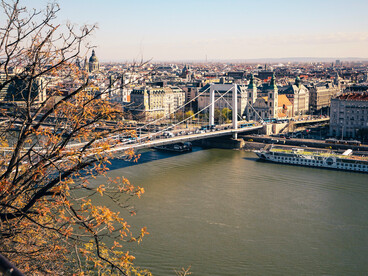 A scenic view of the Liberty Bridge spanning the Danube River, Budapest, Hungary