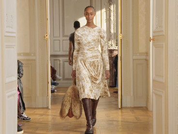 Model presenting a look from Ganni's Fall/Winter 2025/26 collection, designed by Ditte Reffstrup and showcased at Paris Fashion Week, France