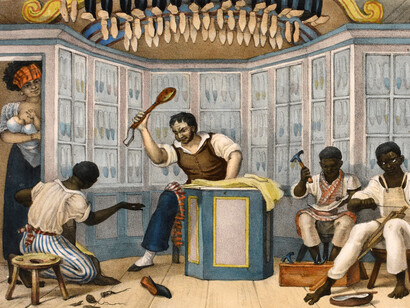 Loja de Sapateiro — aquarela, Jean-Baptiste Debret, pintura feita antes de 1830