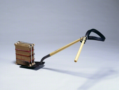 Robert Hudson, Shovel Repair, 1969, shovel, wood, felt, bricks, rubber, aluminum strapping, 22 x 51 x 27 inches © Robert Hudson, Courtesy of Brian Gross Fine Art    

