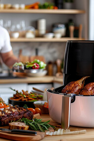 A modern air fryer filled with food sits on the counter, with a man drinking wine in the background, creating a scene that blends technology, cooking, and contemporary kitchen appliances