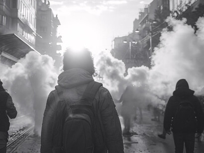 Una figura aislada entre humo y desorden refleja el punto crítico donde la falta de regulación puede derivar en incertidumbre y conflicto