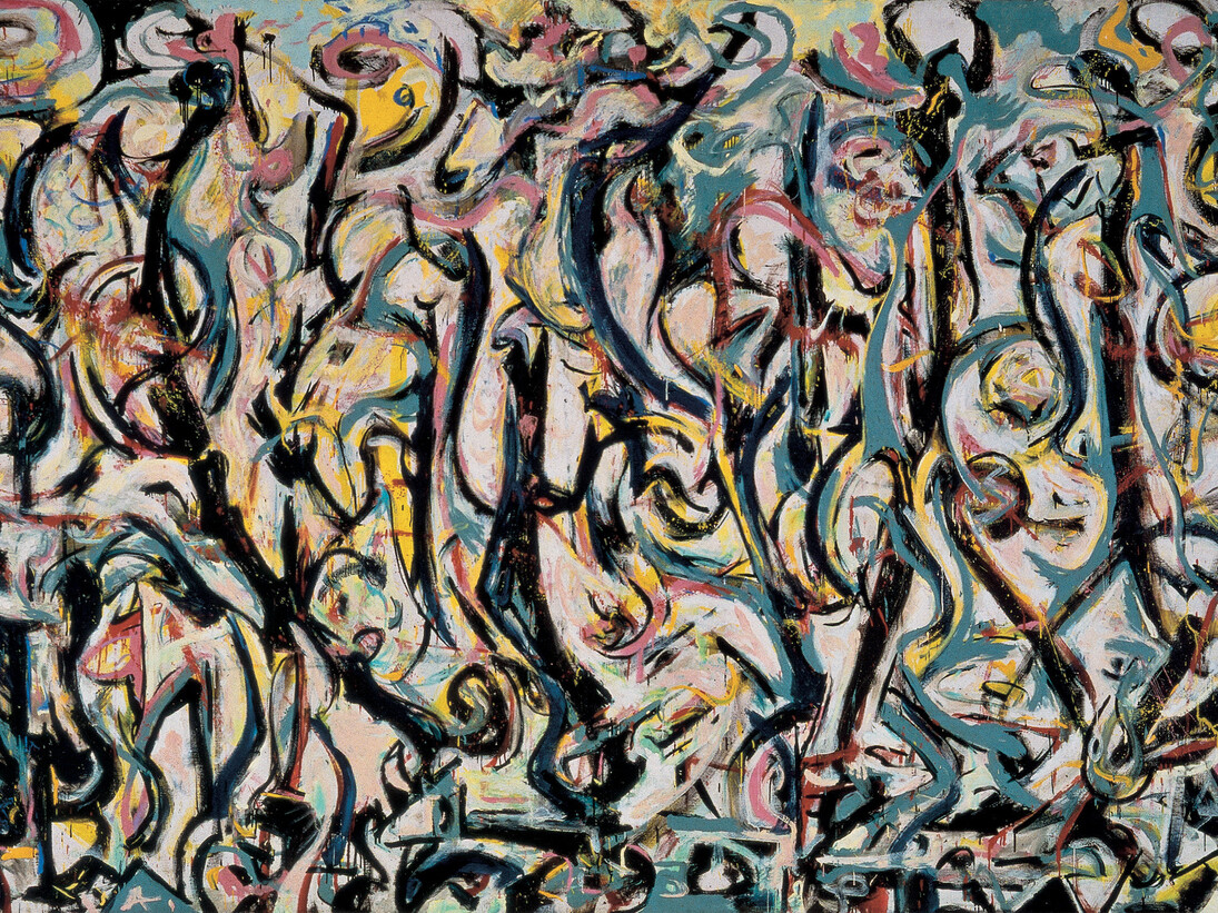 Jackson Pollock, Murale, 1943, particolare, olio e caseina su tela, 242,9 x 603,9. Donazione Peggy Guggenheim, 1959. University of Iowa Museum of Art. Riproduzione concessa dalla University of Iowa 