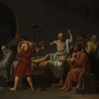 Painting depicting the death of Socrates in prison about to drink hemlock given by his executioner, Jacques-Louis David