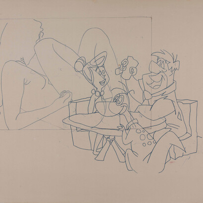 Alain Jacquet, Study Camouflage Flinstone, 1963, Crayon et carbone, transfert sur papier / Pencil and carbon paper transfer, 50 x 60 cm / 19 5/8 x 23 5/8 in. Courtesy Comité Jacquet et Galerie GP & N Vallois, Paris. Photo : Fabien Jacquet