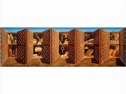 Patrick Hughes, A Study of the Studiolo, 2013, Oil on board construction, 80 x 260 x 22 cm, 31 1/2 x 102 3/8 x 8 5/8 in, Framed: 98 x 278 x 24 cm