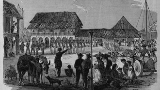William Walker revisando tropas en la Gran Plaza, Granada, Nicaragua. Ilustración de junio de 1856