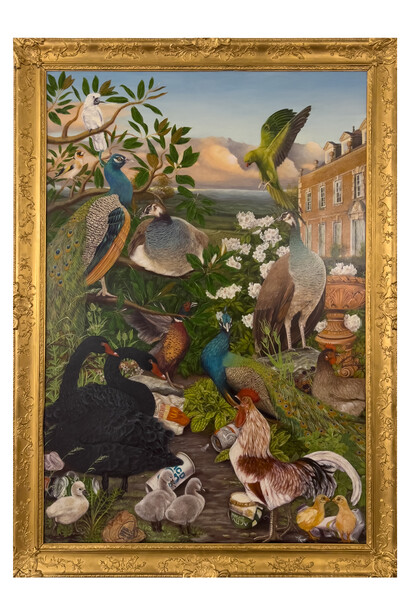 Faiza Butt, Phantasmagoric 4, 2022-2023, oil on board, 72 5/8x52 1/8 inches framed, 184.5x132 cm framed. Courtesy of the artist and Aicon Gallery