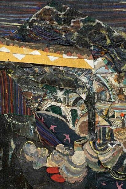 Katy Moran, I Love You and I Like You, 2013, acrylic, fabric and collage on board, 74.5 x 55.5 cm, 29 3/8 x 21 7/8 ins, Courtesy Stuart Shave/Modern Art, London