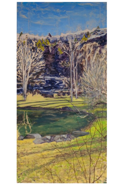 Drew Bennett, Brown Pond (spring), 2022,
oil on birch panel, 24x12 inches. Courtesy the artist and Eleanor Harwood Gallery