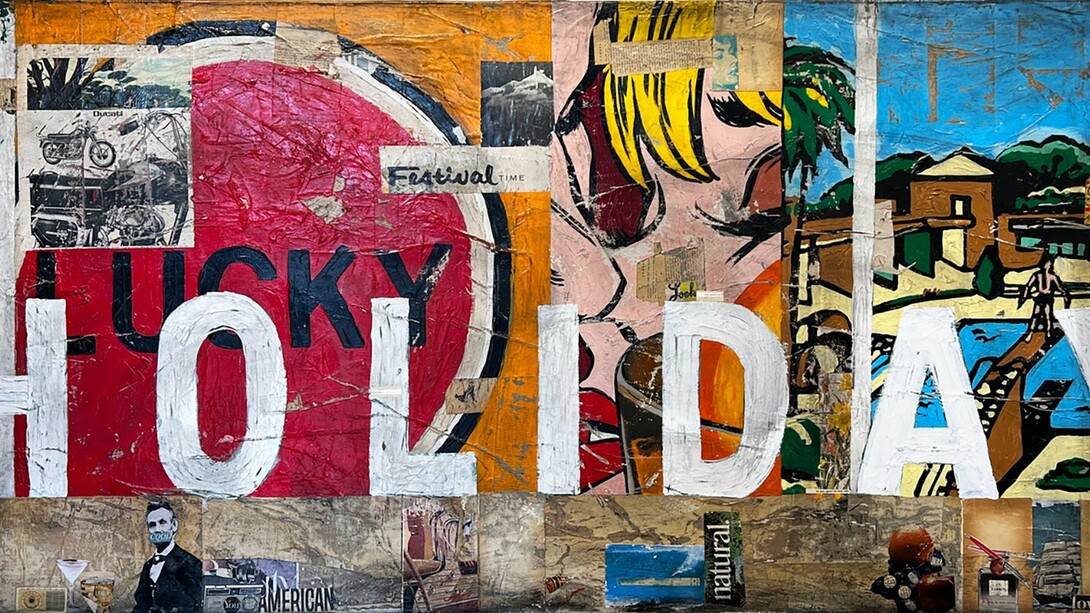 Greg Miller, Holiday (detail),
Acrylic, Collage 36 x 72 in. Courtesy of the artist and JoAnne Artman Gallery