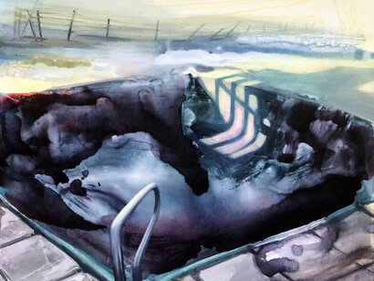 Infinity Pool, 2017, Ink and oil on canvas, 20 × 24 in 