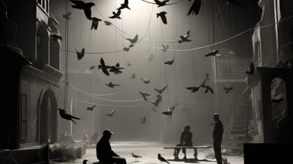 Retro World Theatre Day scene with flying birds and urban ruins