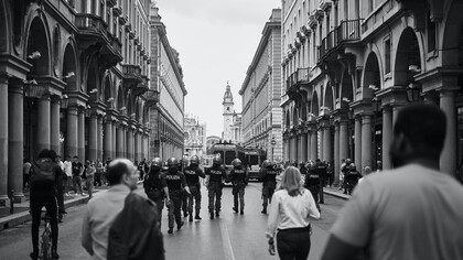 Persone che camminano in una strada ampia di una città durante una manifestazione in corso