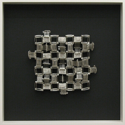 Tamiko Kawata, Small Pueblo #2, 2015 ink, safety pins made of steel with nickel plating, 8h x 8w x 1d in.
