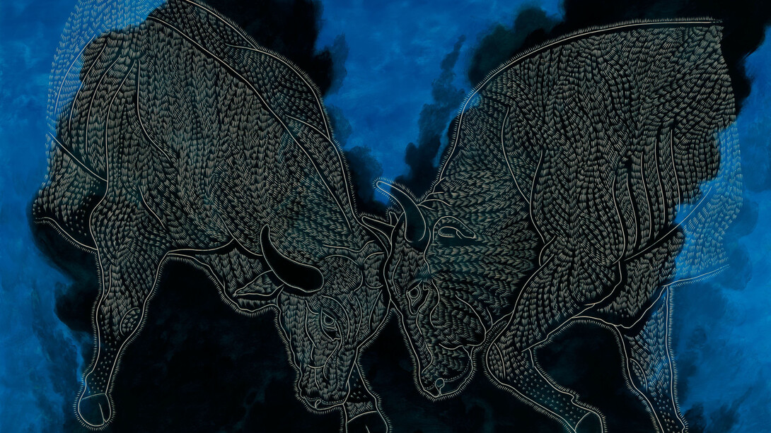 Ricky Armendariz, Zeus dreams of himself (remix),oil on carved plywood,48 x 70 inches, 2014