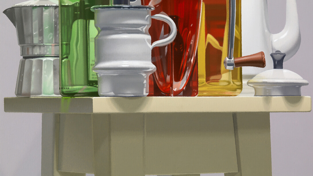 Harold Reddicliffe, Ice Crusher, Coffee Pots, and Bottles, 2014, Oil on canvas mounted on panel, 11 x 14 in.