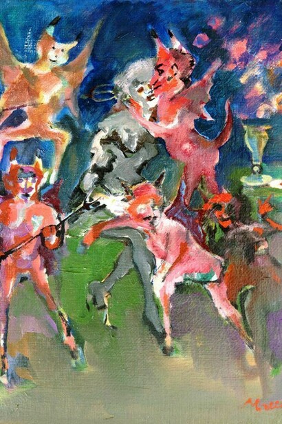 Mino Maccari, Donna con diavoli, 1954, olio su cartone telato