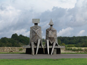Lynn Chadwick, Sitting Couple on a Bench (front), 1990, Bronze, Edition 2 of 9, 194 x 211 x 183 cm, Courtesy of Pangolin London