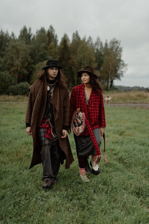 People wearing checkered tartan outfits in coordinated style