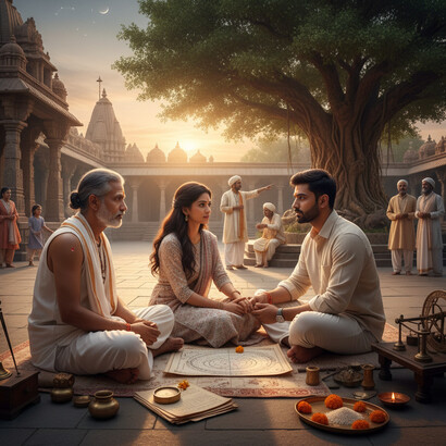 Outside a traditional temple setting at sunset, an astrologer interprets a mathematical chart for a couple. This scene captures the cultural interweaving of astrology in life’s significant moments, yet its essence remains a technical system of correlation, distinct from theology