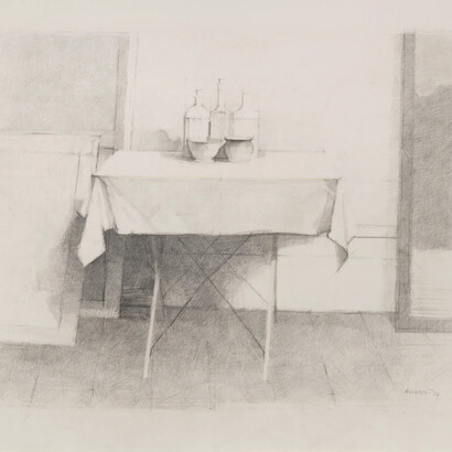 William Brooker, Still life on folding table (detail), 1974. Courtesy of Jonathan Cooper Park Walk Gallery