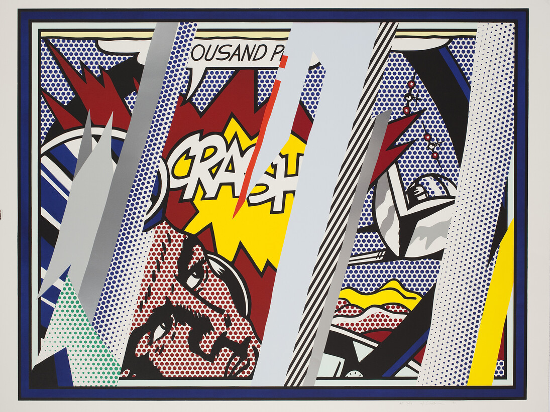 Roy Lichtenstein (1923-1997), Reflections on Crash, 1990, Lithograph, screenprint, relief, and metalized PVC collage with embossing on mold-made Somerset pape, 150.2 x 190.5 cm, Artist Rooms National Galleries of Scotland and Tate. Lent by The Roy Lichtenstein Foundation Collection 2015 © Estate of Roy Lichtenstein/DACS 2015