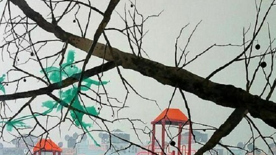 Erik Benson, Playground (Green Bag), 2013, Acrylic on canvas over panel, 30 by 40 inches (76.2 x 101.6 cm)