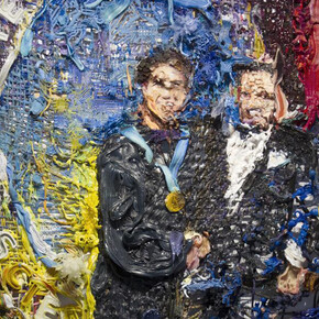 Fabian Marcaccio. Scientologists, 2016. Hand woven manila rope, climbing rope, alkyd paint, silicone, wood, 3D printed plastic, 94 x 82 in (detail)