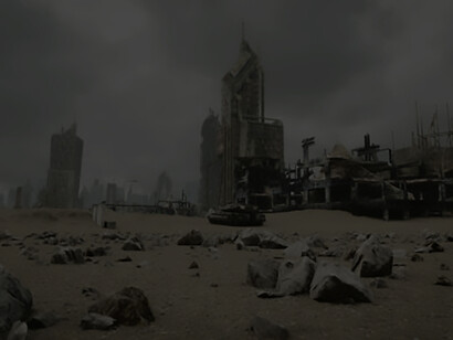 A war-torn city, scarred by the aftermath of conflict, reveals a haunting scene of destruction, marked by the remnants of powerful explosions