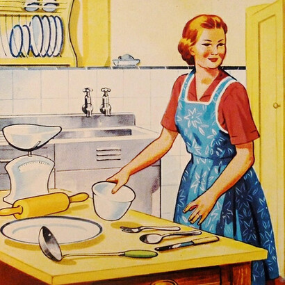 A charming vintage image of a woman joyfully cooking in her kitchen, reflecting the evolving role of the housewife in post-war society and the rise of convenient meal preparations