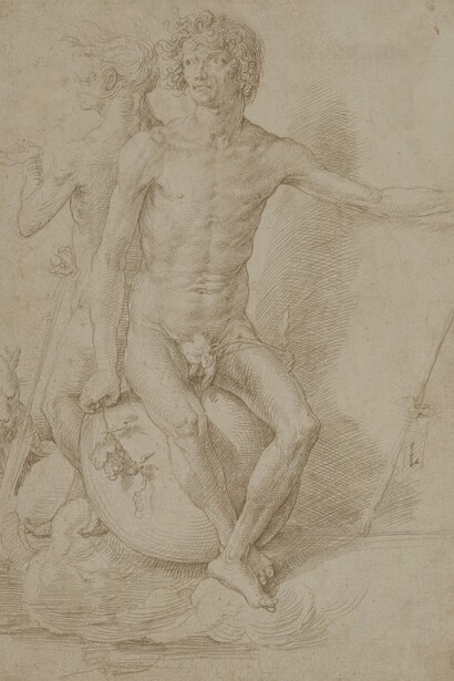 Lucas van Leyden, Two nude allegorical figures seated back-to-back on a sphere, c. 1516, silverpoint on prepared paper, 277 x 205mm © The Trustees of the British Museum