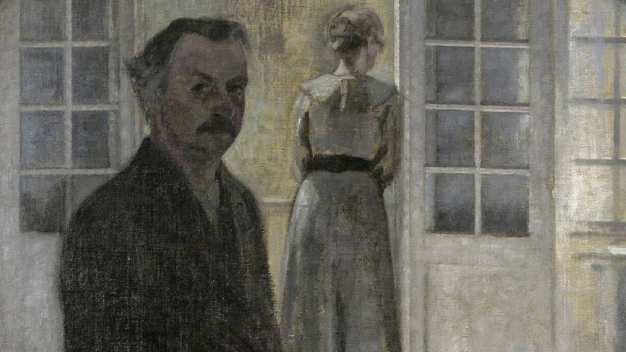 Vilhelm Hammershøi; Doble retrato del artista y su mujer vistos a través de un espejo, 1911