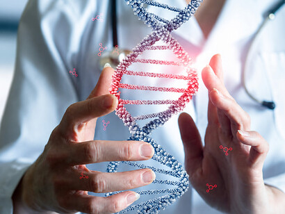 A doctor holds DNA molecules in his hands, illustration
