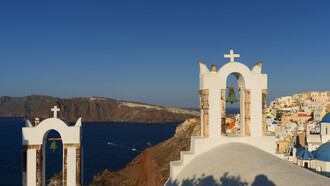 Santorini church at noon, with the sea as a background, Greece