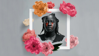 An African American woman shedding red tears from her eyes