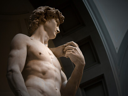 Michelangelo’s David, viewed from below at the Accademia Gallery in Florence, Italy